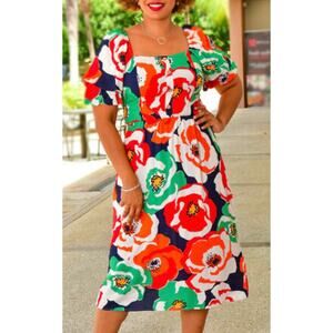 Luxology Floral Puff Sleeve Linen Blend Midi Dress Sz L NWT